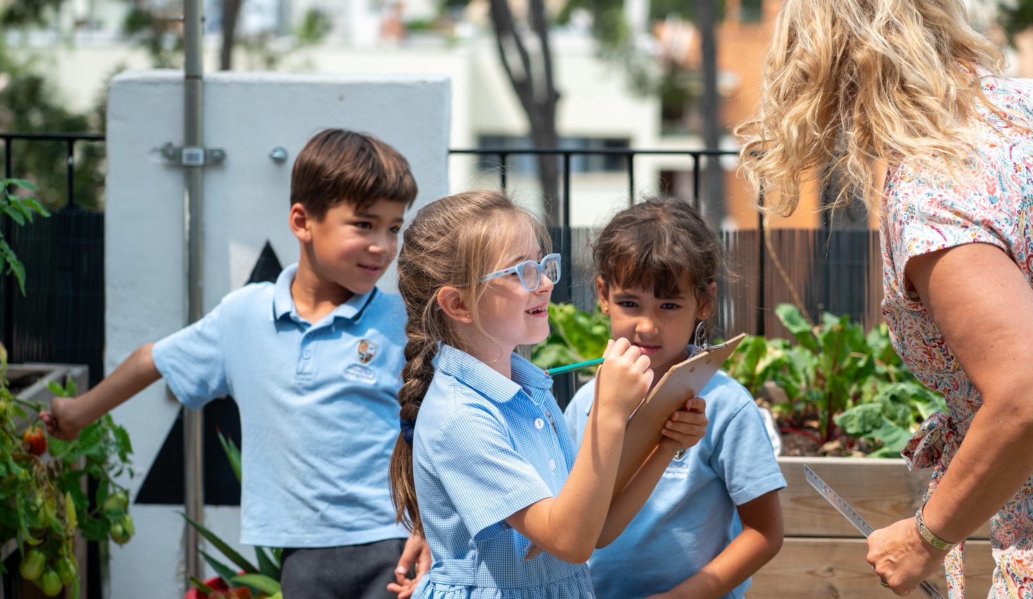 Year 2 children from T3 2024-25 discussing measurements with their teacher in the outdoor learning area.