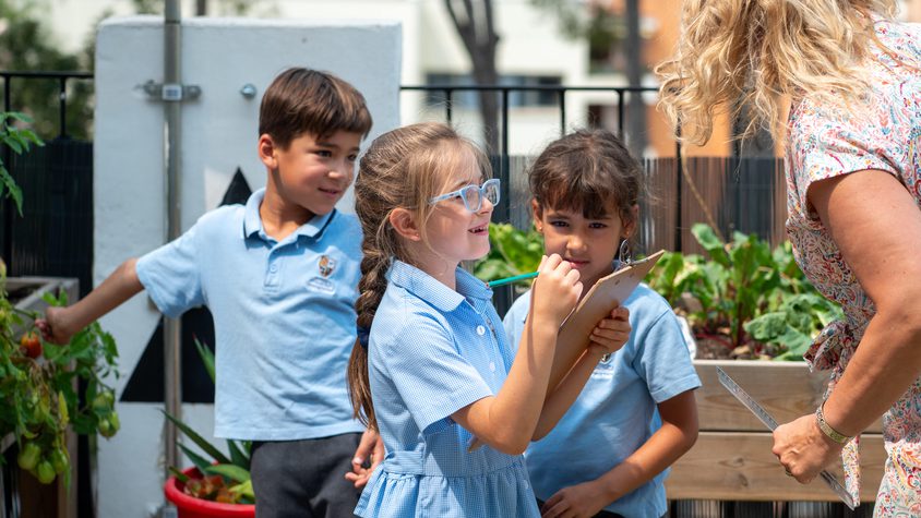 Year 2 children from T3 2024-25 discussing measurements with their teacher in the outdoor learning area.